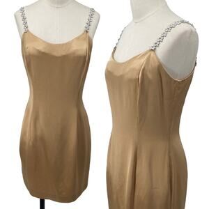 Vintage 90s Jessica McClintock Satin Mini Dress Flower Beaded Straps Champagne 6